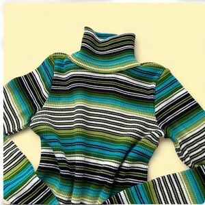 Parkhurst Striped Ribbed Turtleneck Sweater in peacock colors, Y2K B4